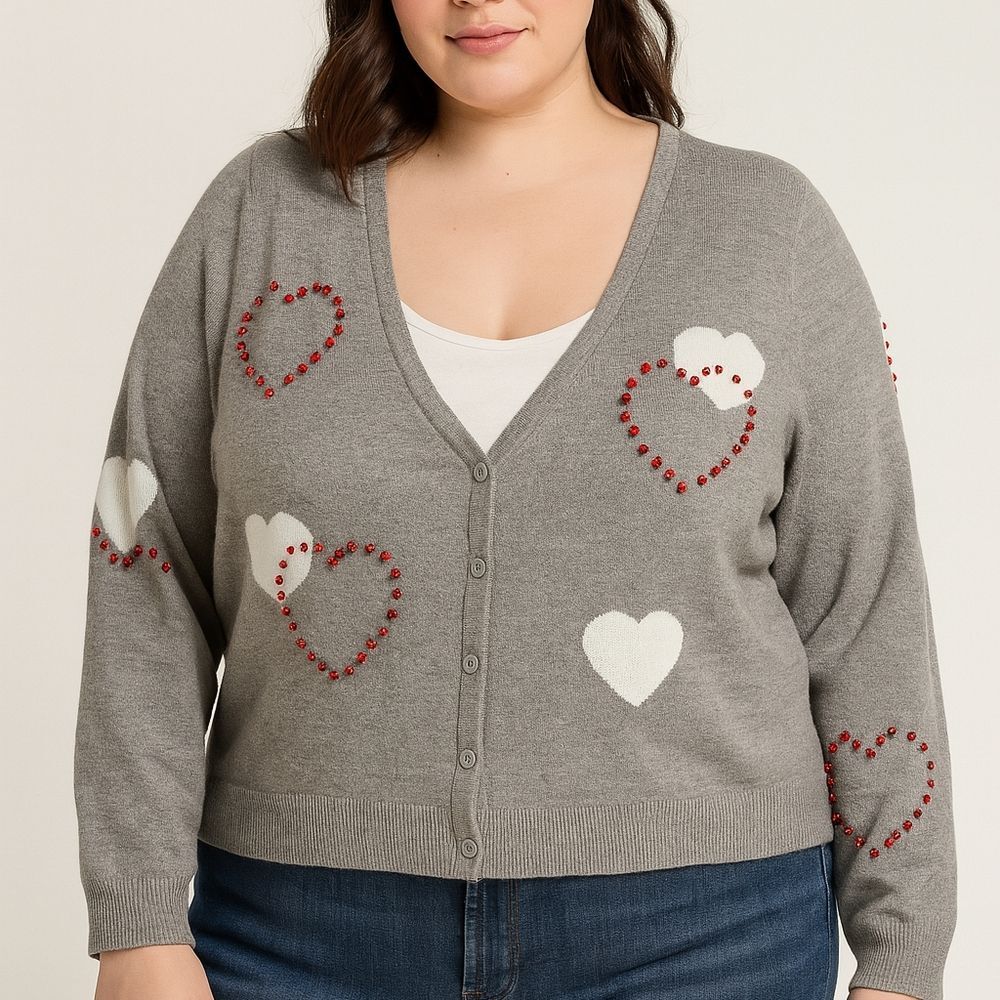 Torrid Gray Heart Rhinestone Cardigan (3X) Whimsical Coquette Girlhoodcore Butto